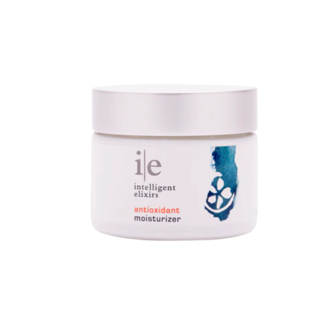 Antioxidant moisturizer in a white jar with a blue design.
