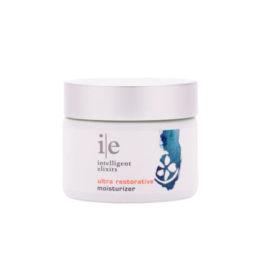 Ultra Restorative Moisturizer in a white jar with a colorful design, ideal for deep hydration.