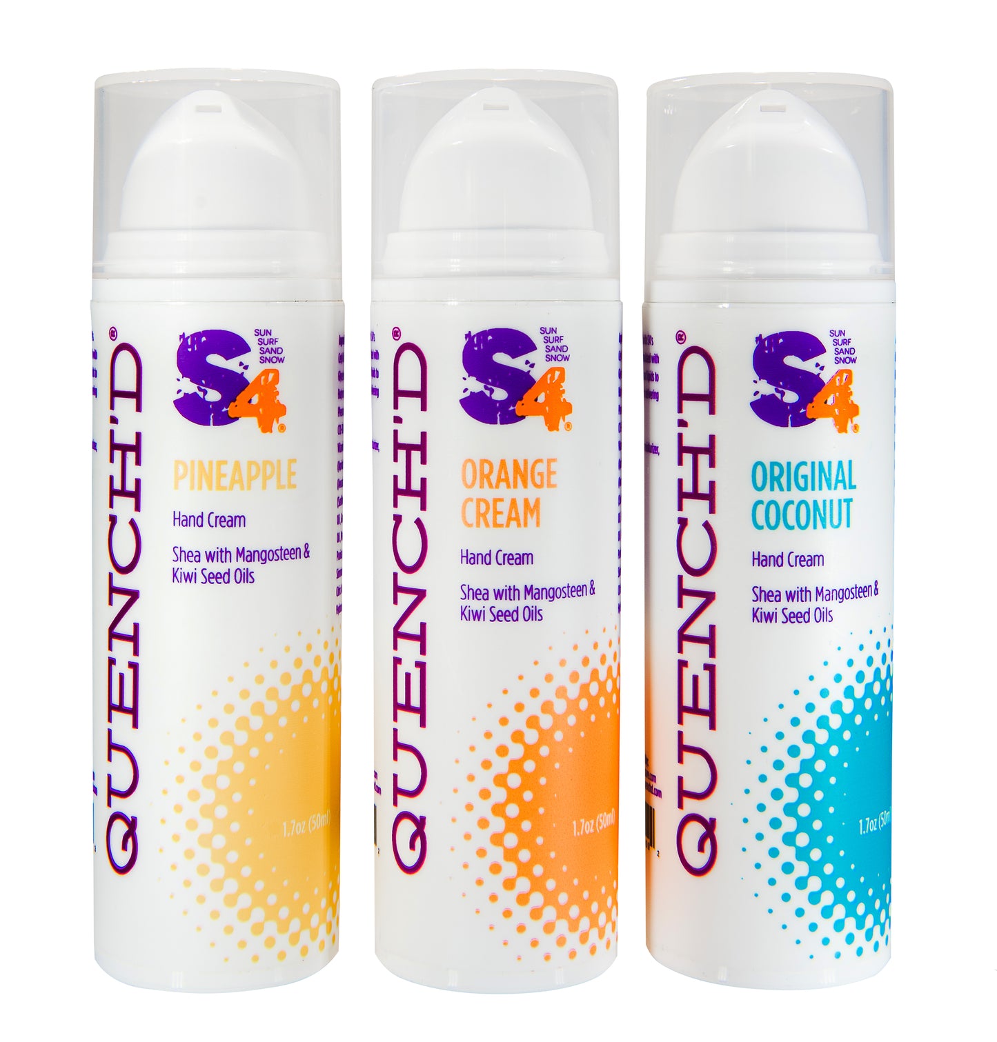 S4 Quench’d Hand Cream in pineapple, orange, and coconut scents with vibrant packaging.