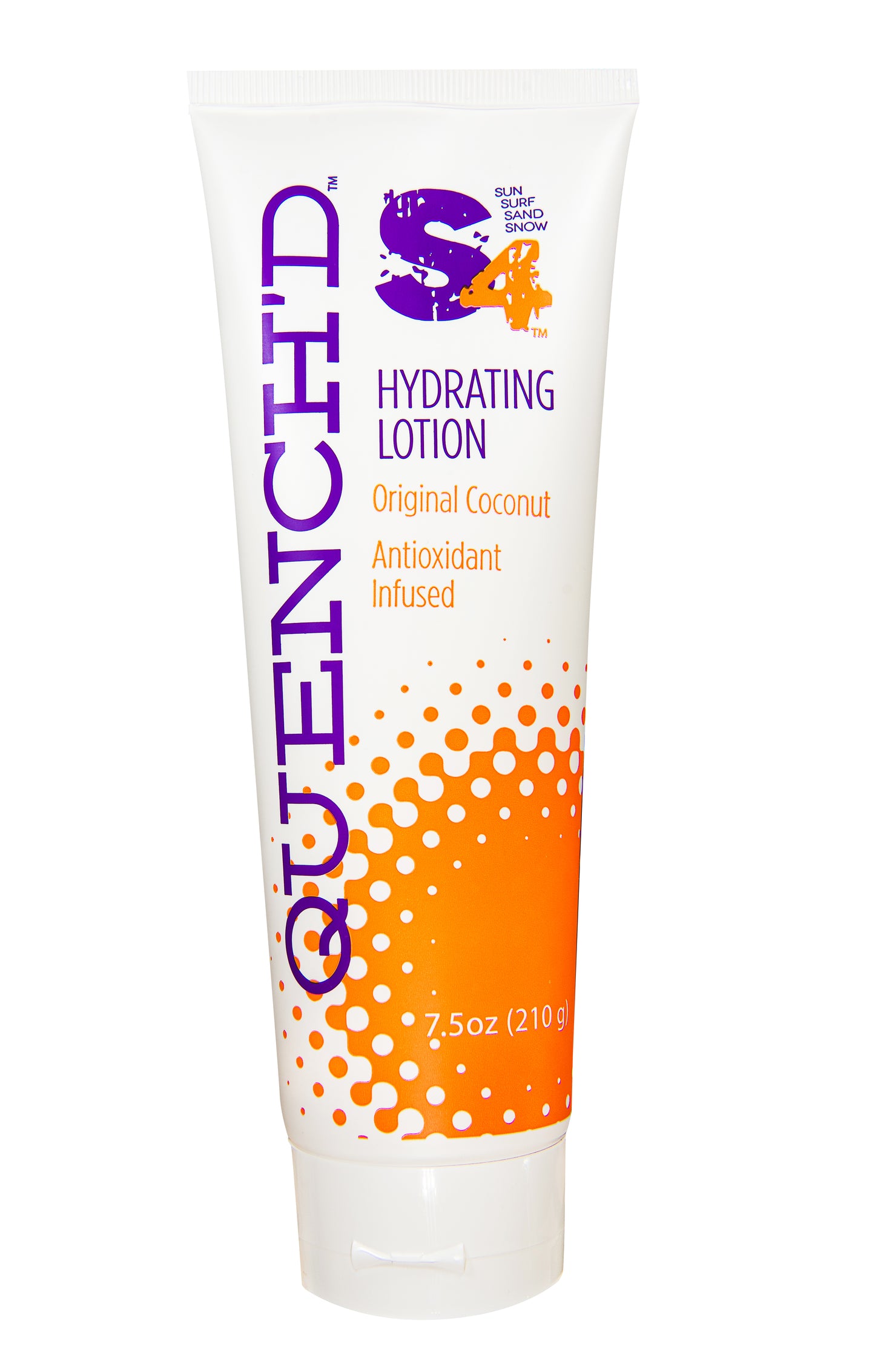 S4 Quench’d Hydrating Lotion in a white tube with orange accents, infused with original coconut and antioxidants.