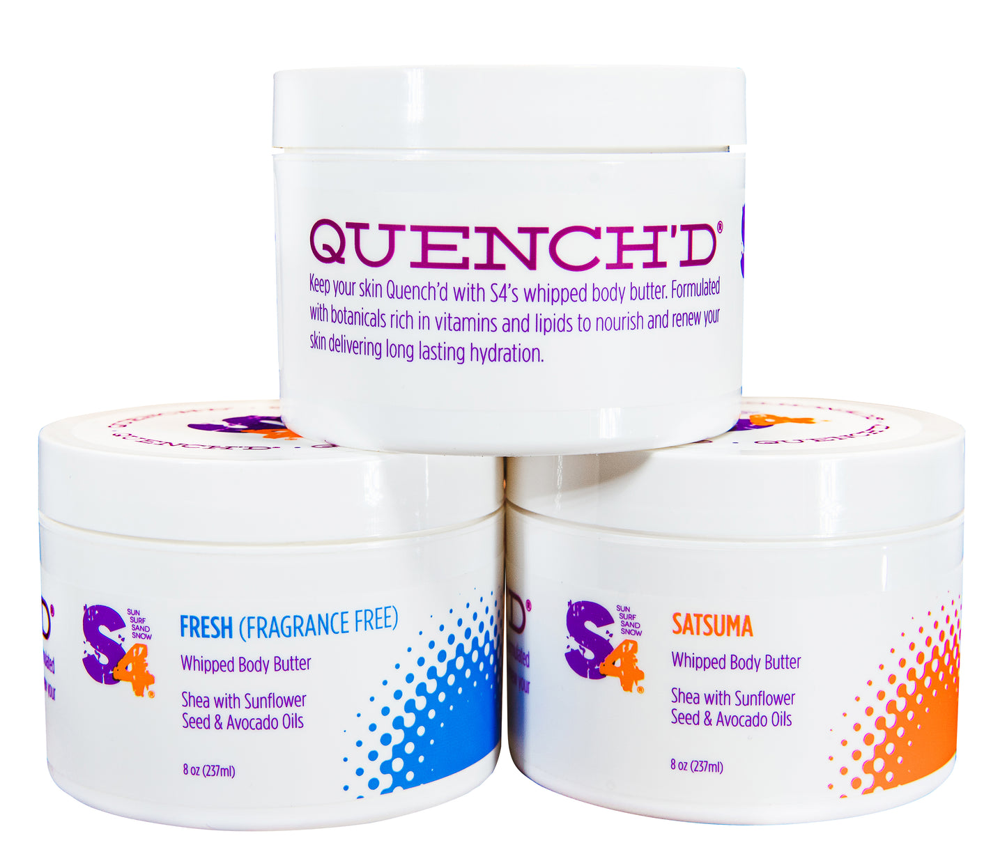 S4 Quench’d Whipped Body Butter trio in white containers, featuring Fresh and Satsuma scents for hydration.