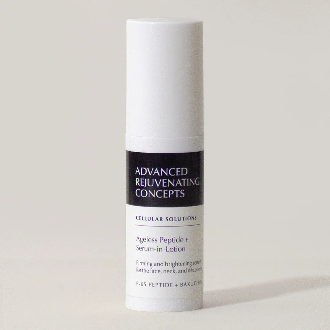 Ageless Peptide+ Serum-in-Lotion for firming and brightening the face, neck, and décolleté.