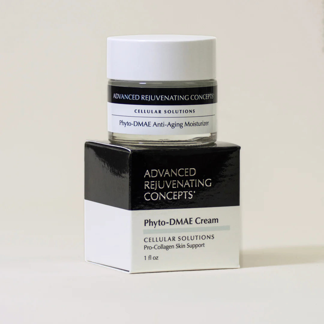 Phyto-DMAE Cream in a jar with a black and white box, designed for anti-aging and skin support.