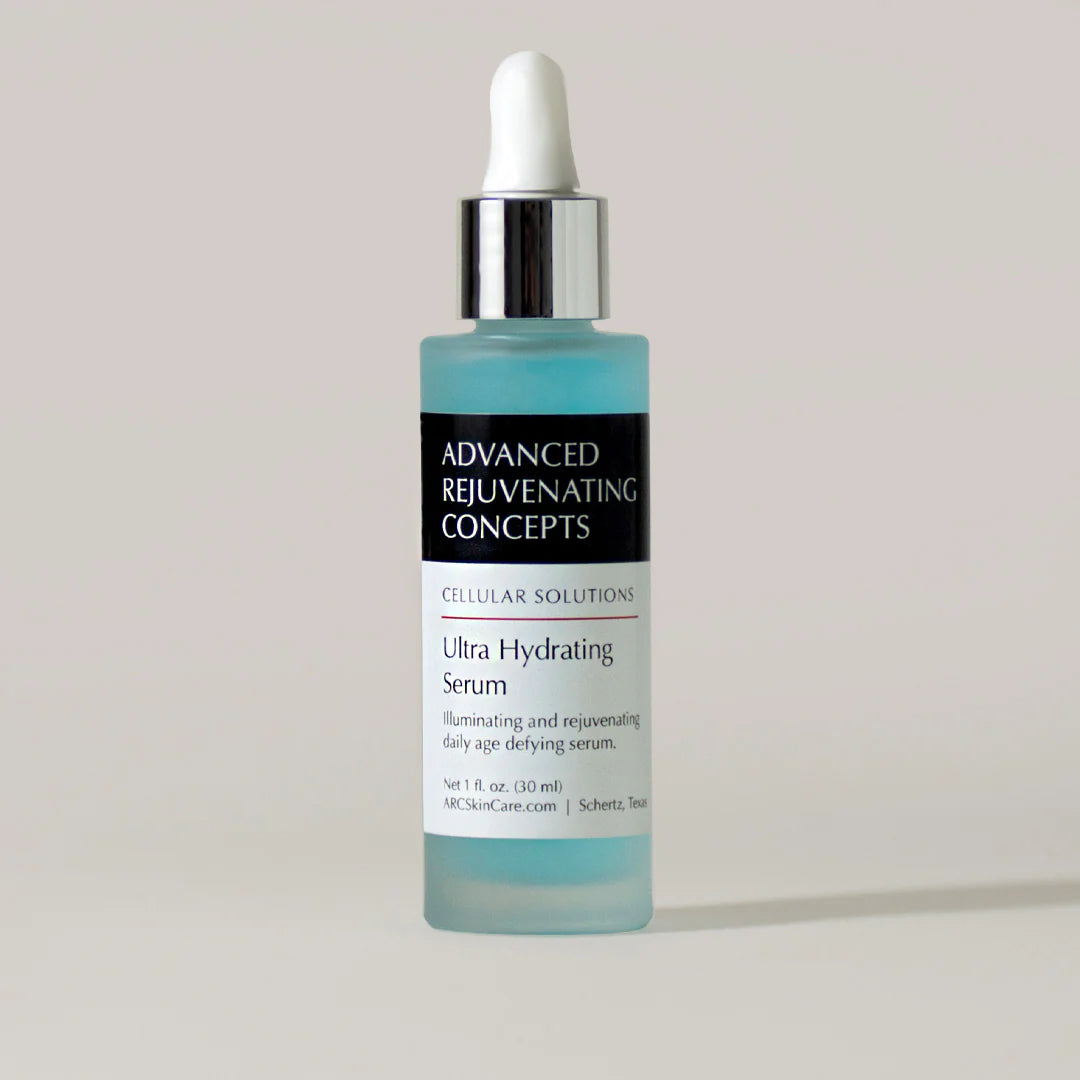 Ultra Hydrating Serum in a clear bottle with a dropper, featuring a white and black label.