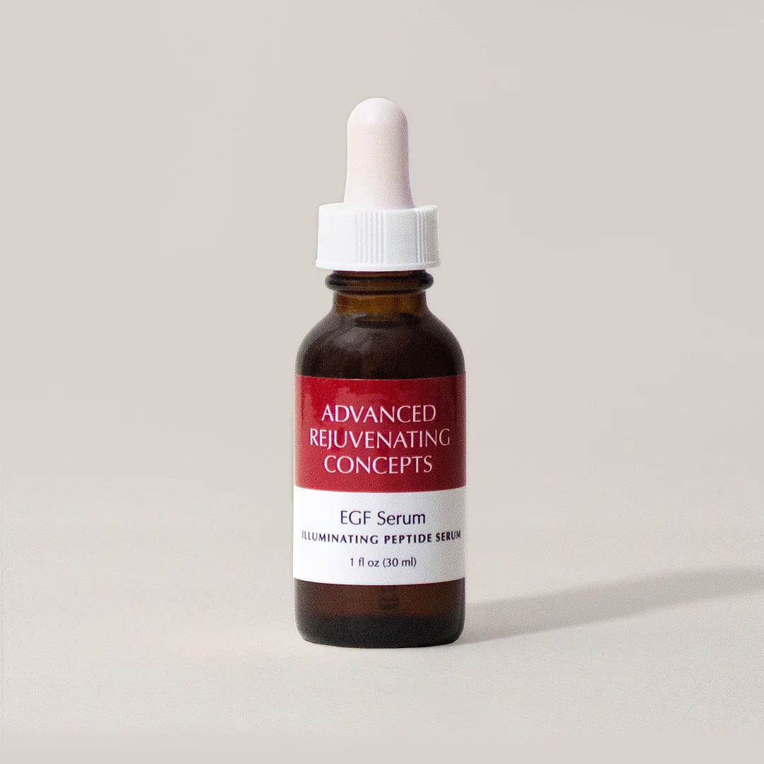 EGF Serum in a brown glass bottle with a dropper, labeled "Advanced Rejuvenating Concepts.