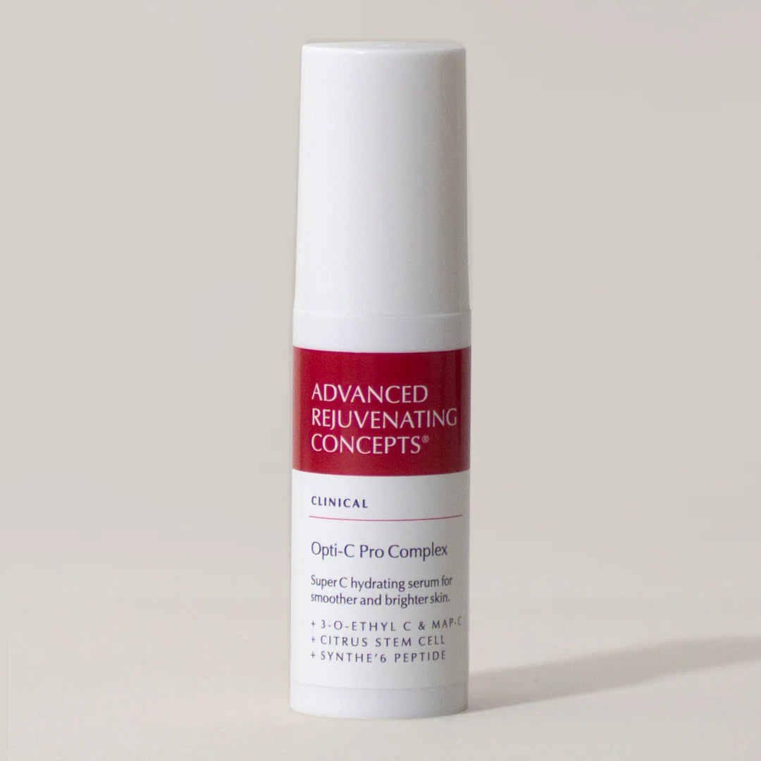 Opti-C Complex serum for smoother and brighter skin in a white bottle with a red label.