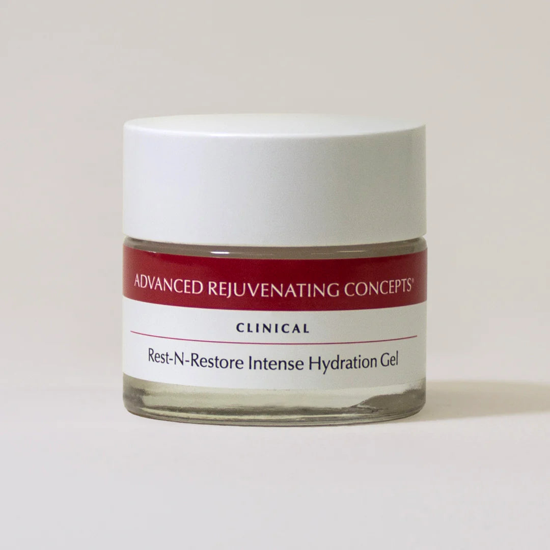 Rest-N-Restore Intense Hydration Gel in a clear jar with a red label for deep skin hydration.