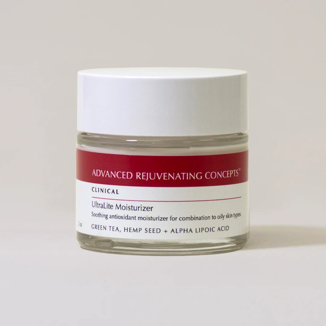 UltraLite Moisturizer in a clear jar with a red label, designed for combination to oily skin types.