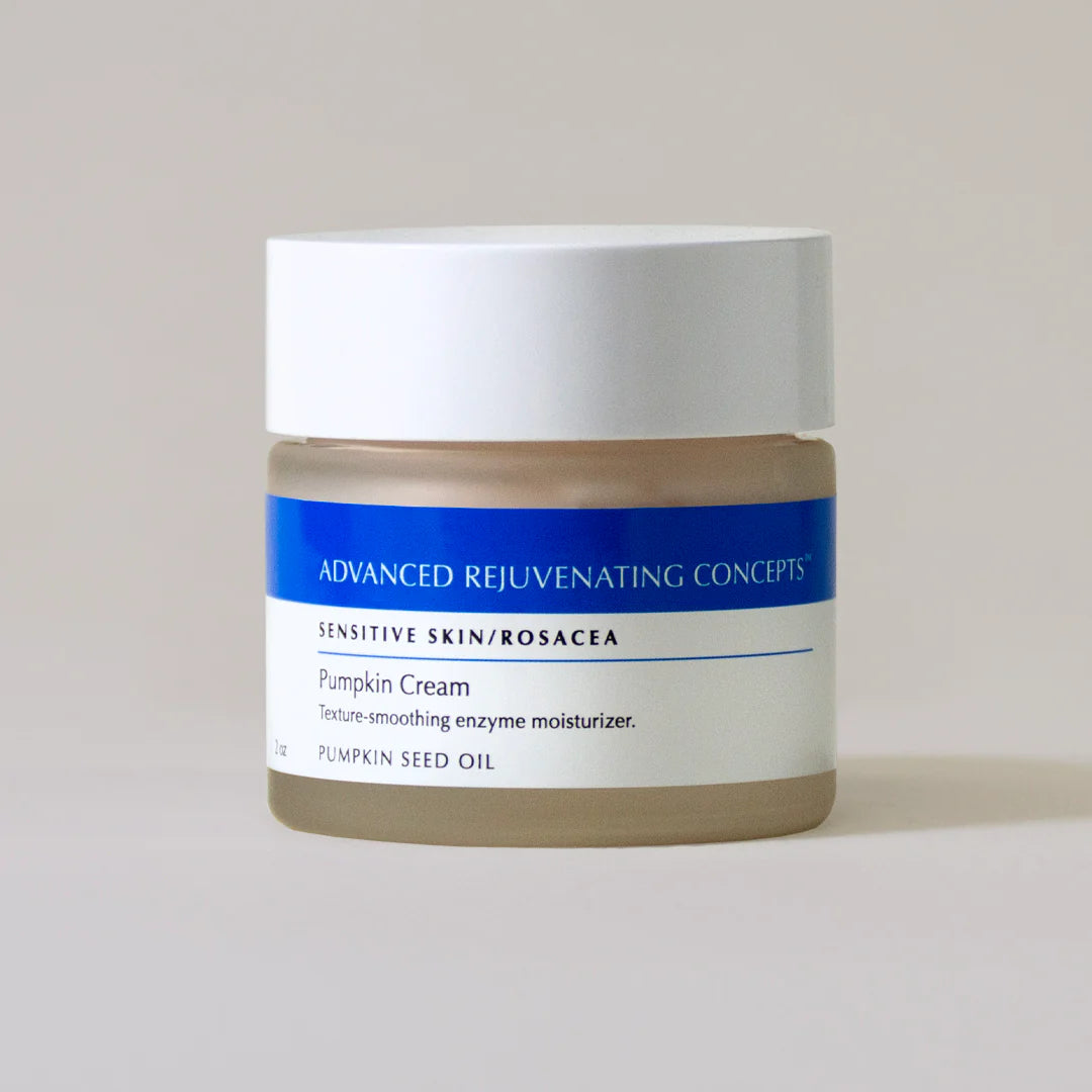 Pumpkin Cream moisturizer in a glass jar, designed for sensitive skin and rosacea.