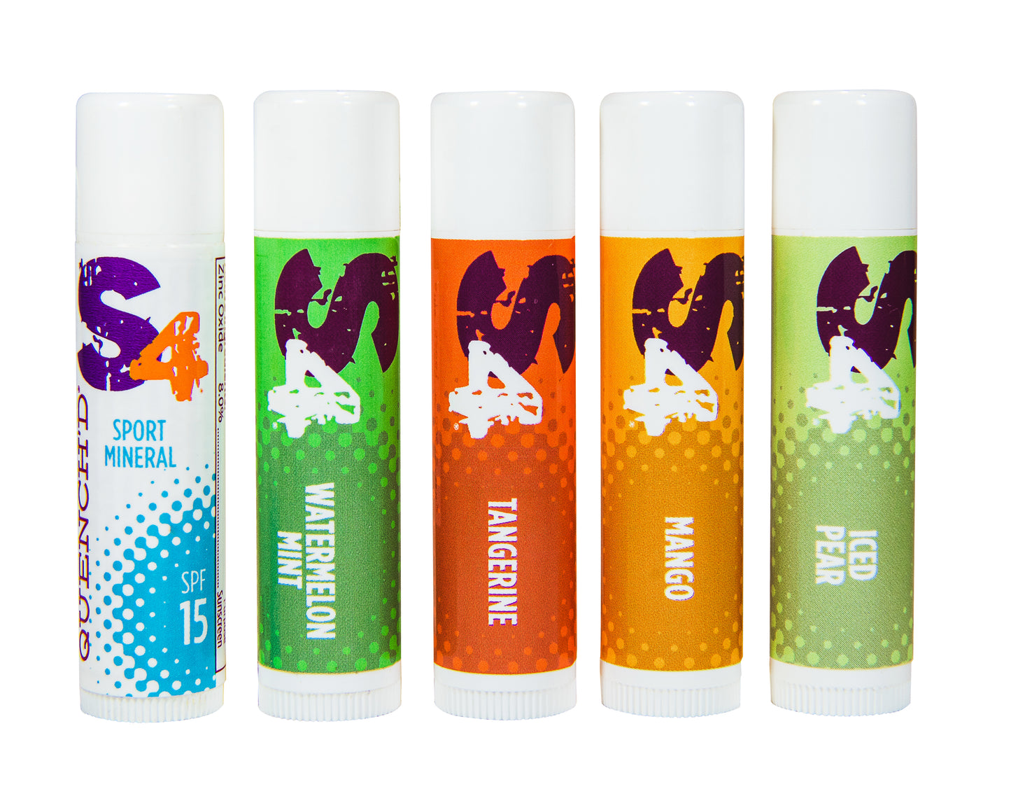 S4 Quench’d Lip Balm in various flavors: Watermelon Mint, Tangerine, Mango, Iced Pear, and Quench’d Sport Mineral.