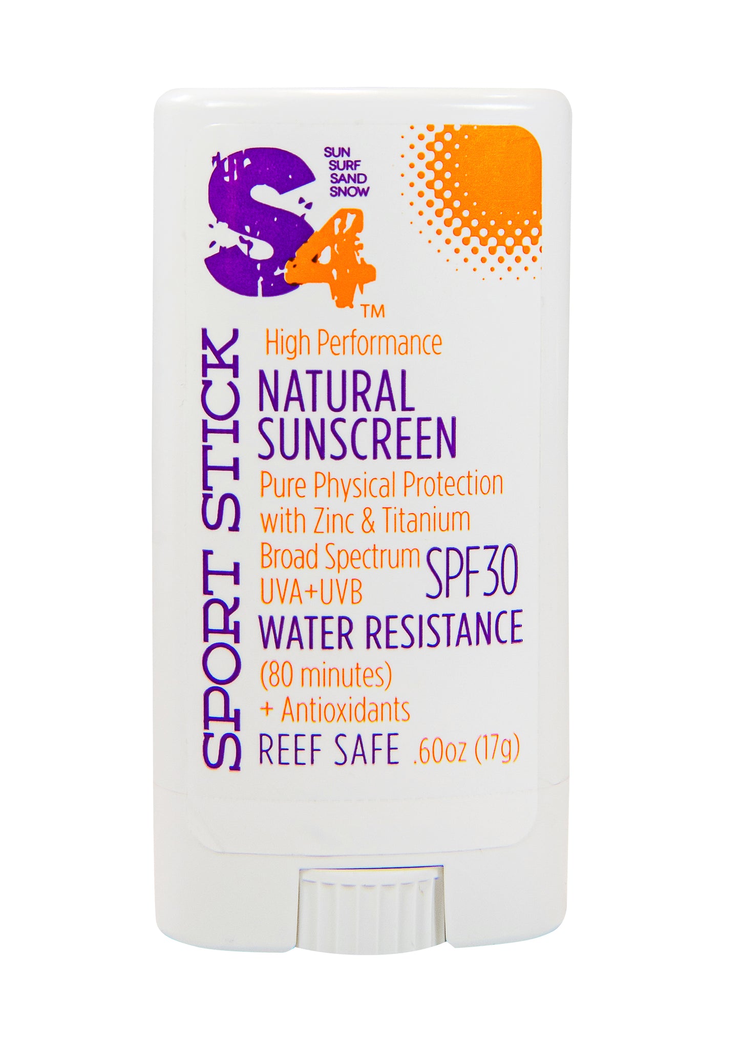 S4 SPF 30 Sport Stick, natural sunscreen with zinc and titanium, water-resistant, reef safe, 0.6 oz.