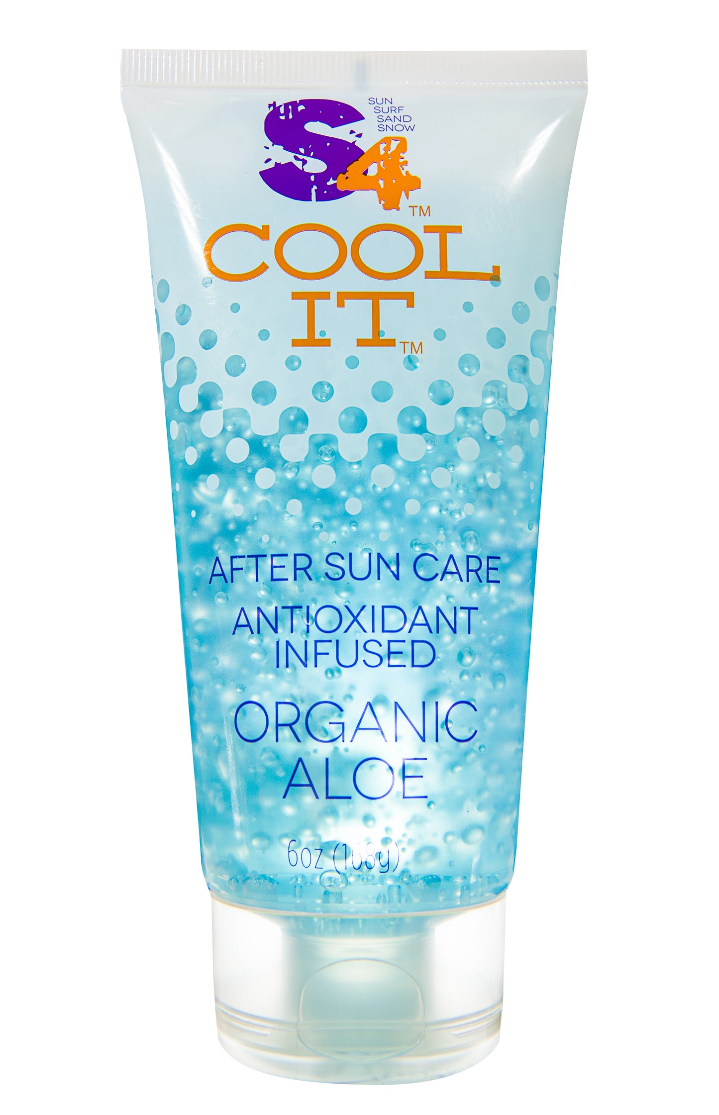 S4 Cool It after sun care gel with antioxidant-infused organic aloe in a clear tube with blue bubbles.