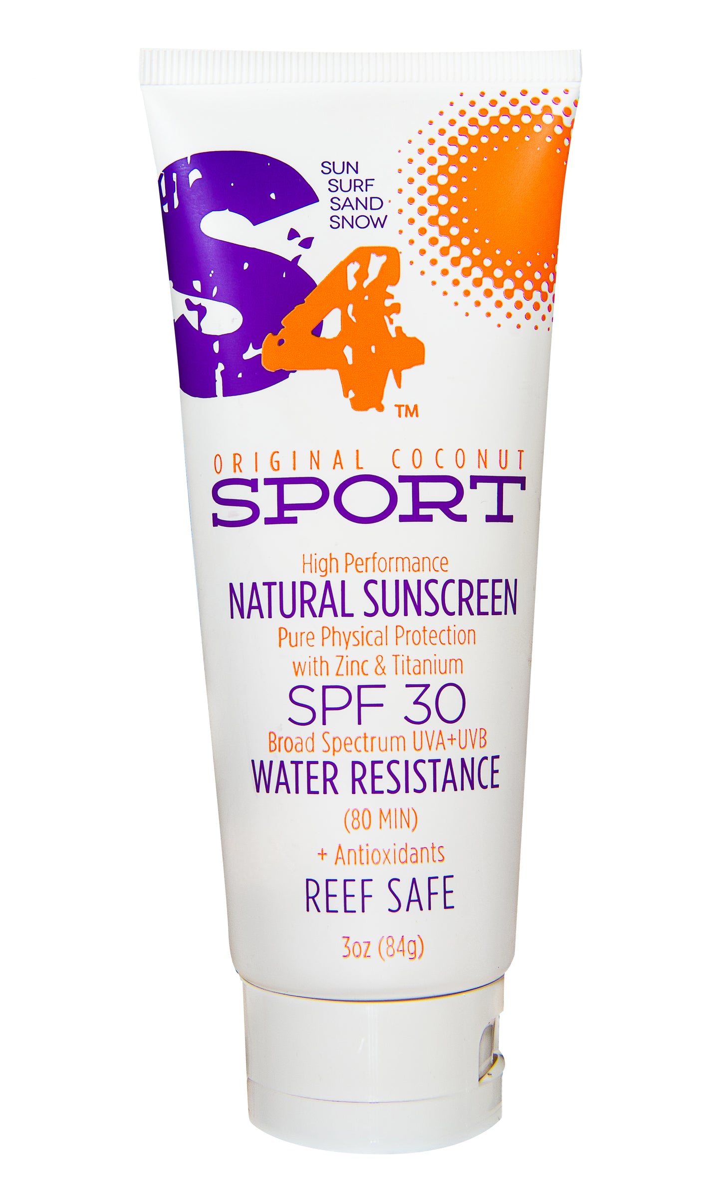 S4 SPF 30 Sport Lotion, natural sunscreen with water resistance, 3oz tube, designed for outdoor activities.