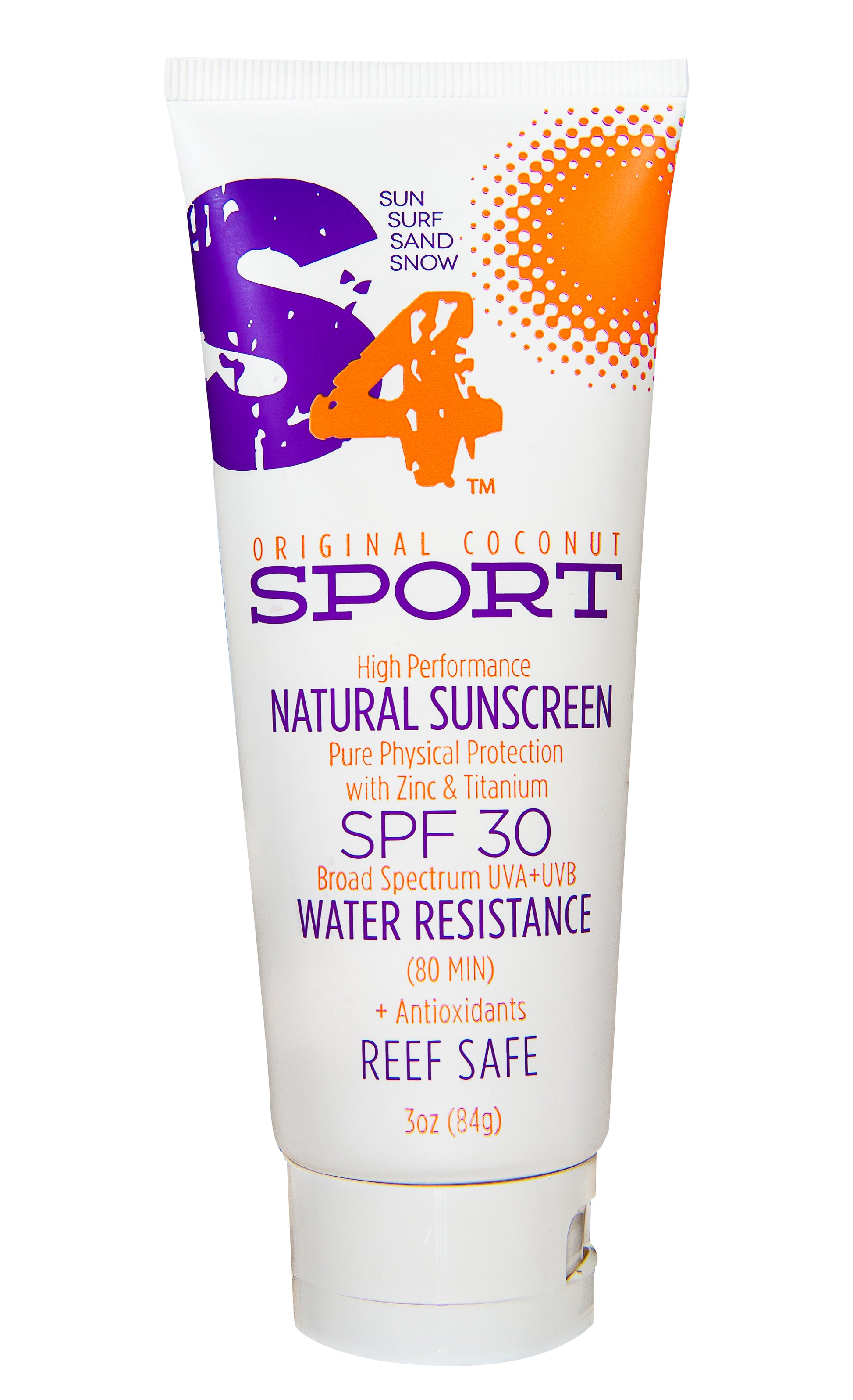 S4 SPF 30 Sport Lotion, natural sunscreen with water resistance, 3oz tube, designed for outdoor activities.