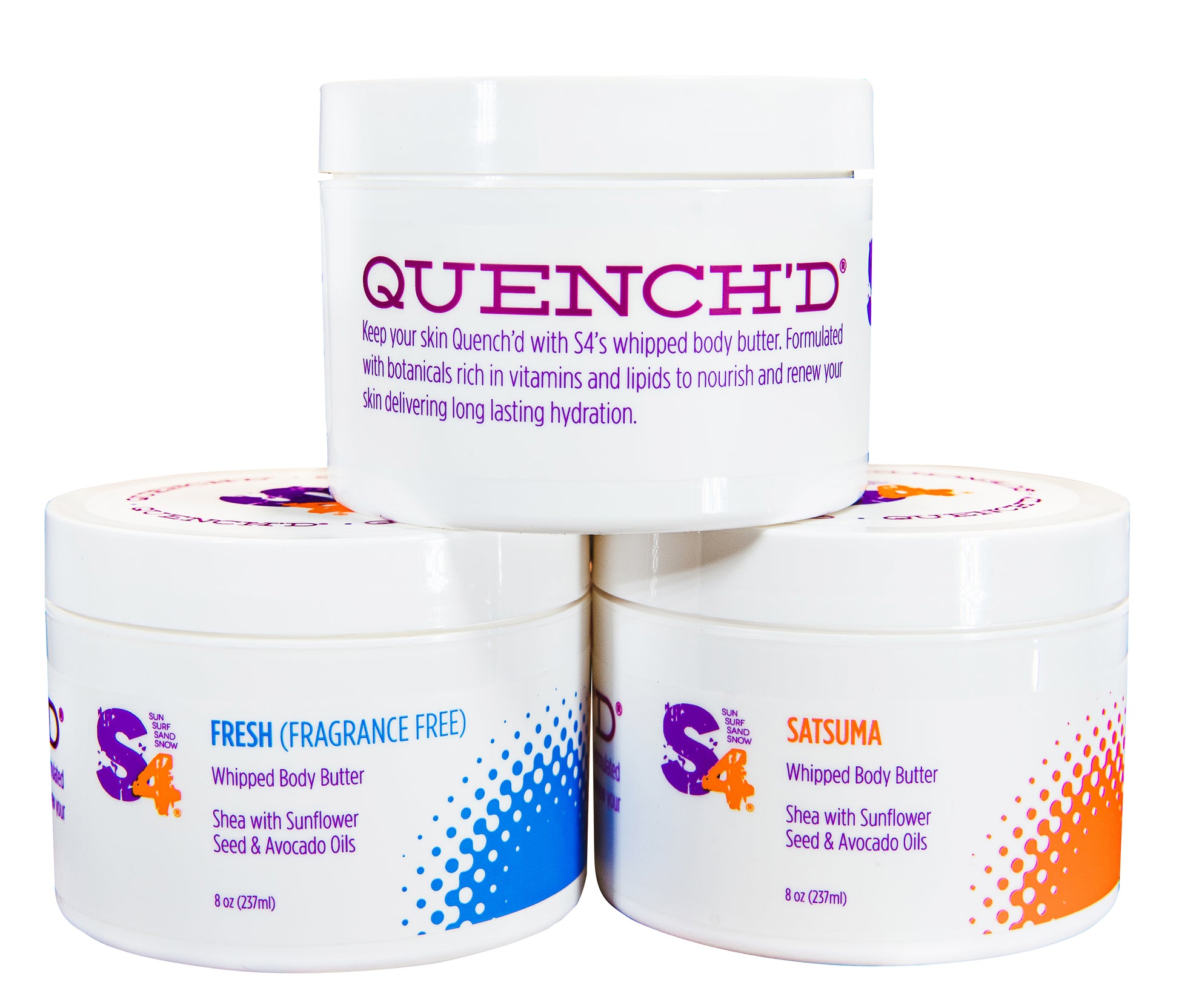 S4 Quench’d Whipped Body Butter trio in white containers, featuring Fresh and Satsuma scents for hydration.