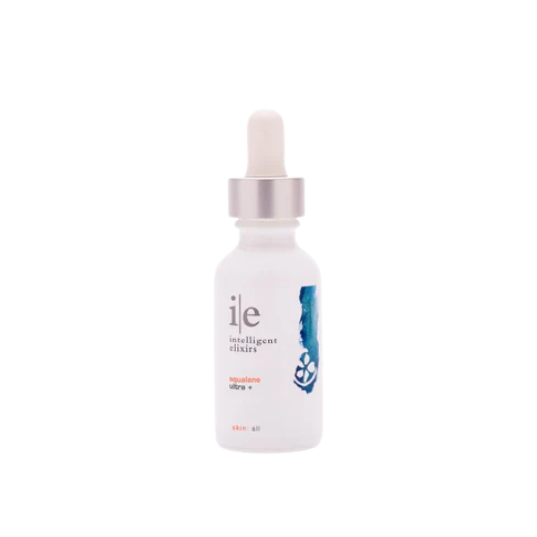 Squalane Ultra+ serum in a white glass bottle with a dropper and silver cap.