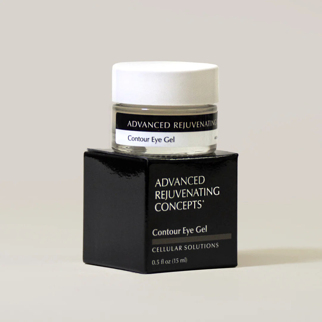 Contour Eye Gel in a sleek jar with a black box, designed for rejuvenating and refreshing the eye area.
