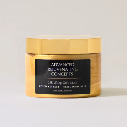 24k Lifting Gold Mask in a gold jar with black label, featuring coffee extract and hyaluronic acid.