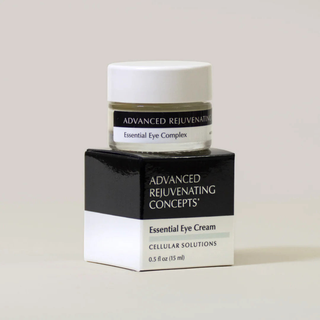 Essential Eye Cream in a black and white box with a small jar on top, promoting advanced rejuvenation.