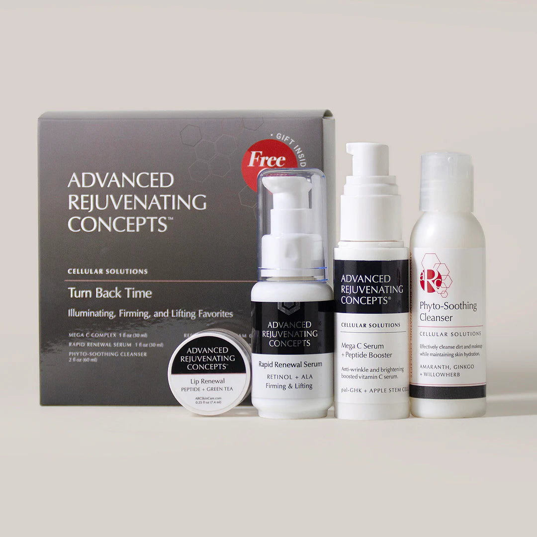 Turn Back Time skincare set with serums and cleanser for rejuvenating and firming skin.