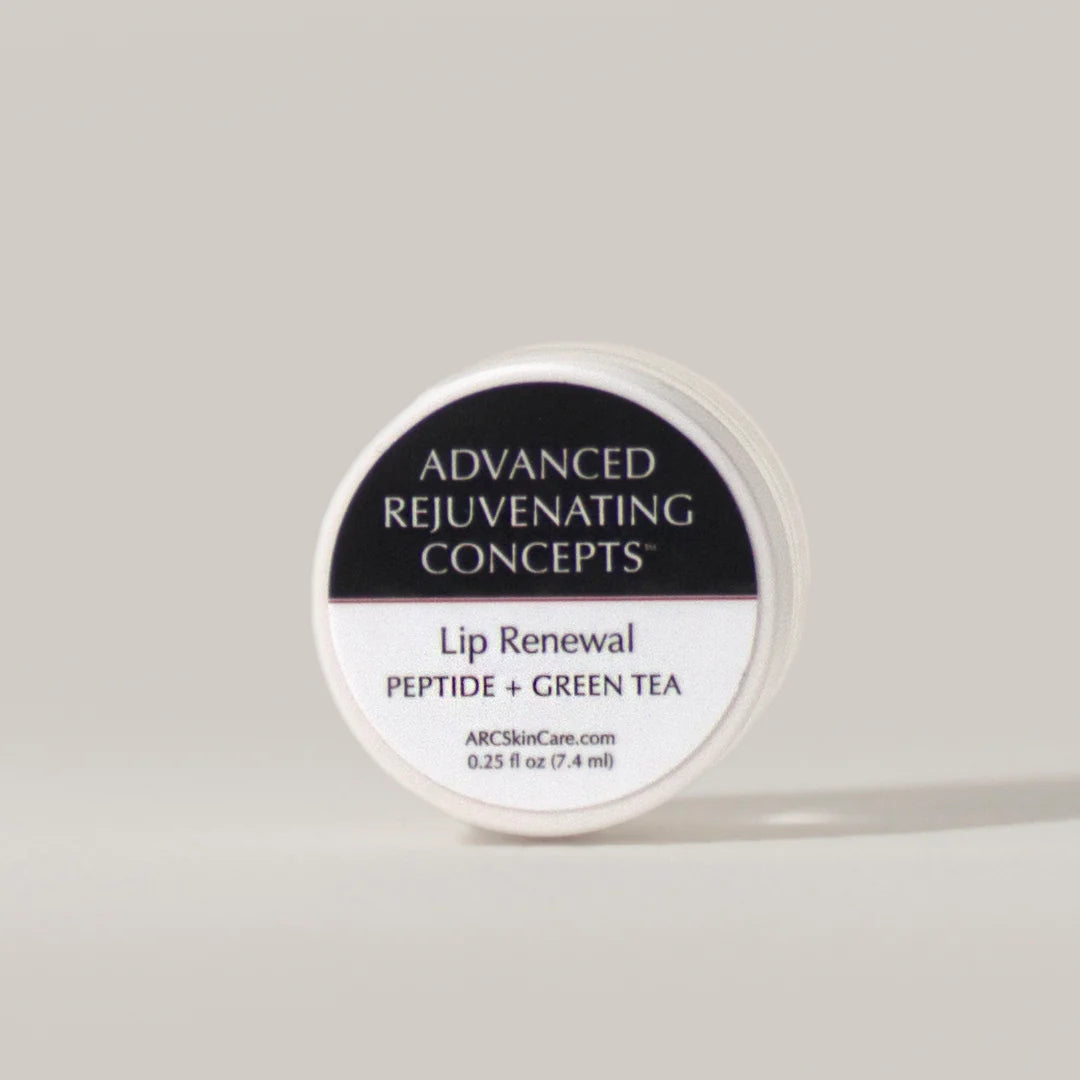 Lip Renewal in a small white container, featuring peptide and green tea for rejuvenating lips.