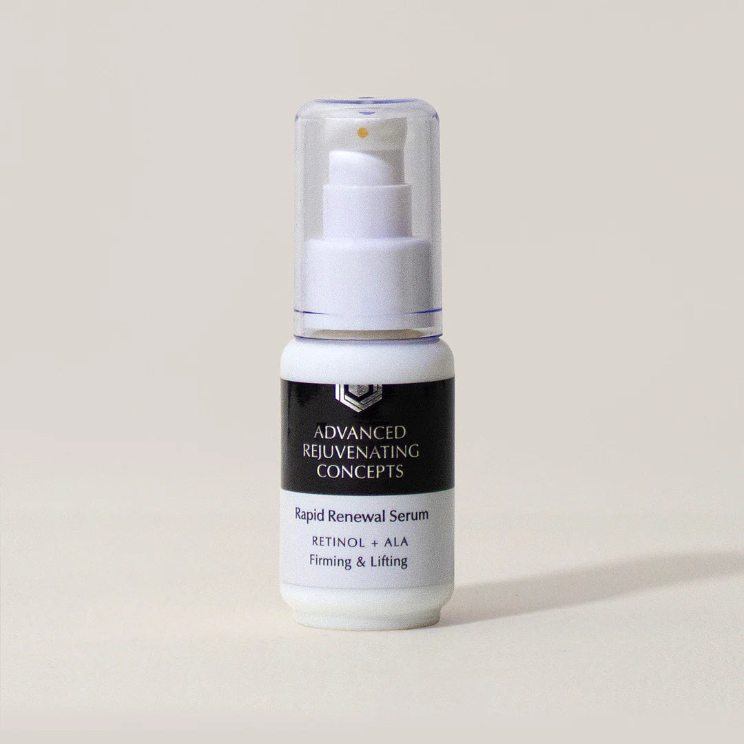 Rapid Renewal Serum in a white bottle with a pump, labeled for firming and lifting with retinol and ALA.