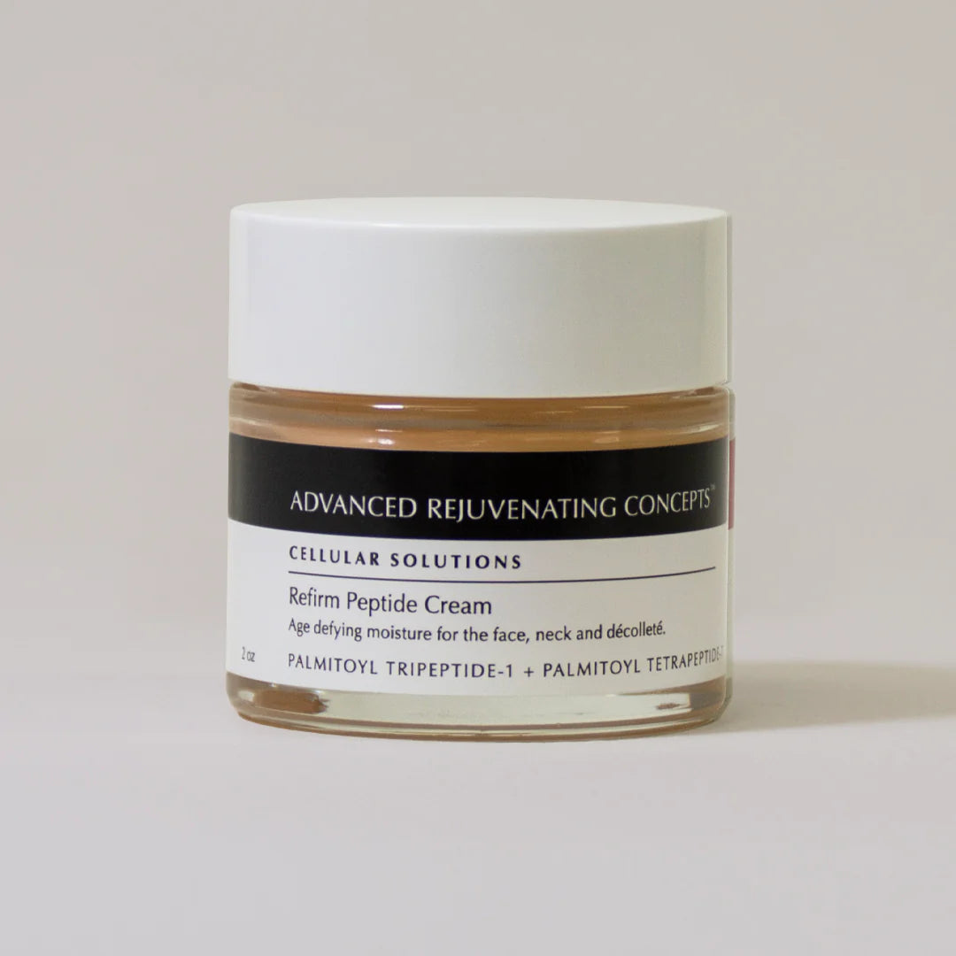 Refirm Peptide Cream in a clear jar, designed for age-defying moisture for face, neck, and décolleté.