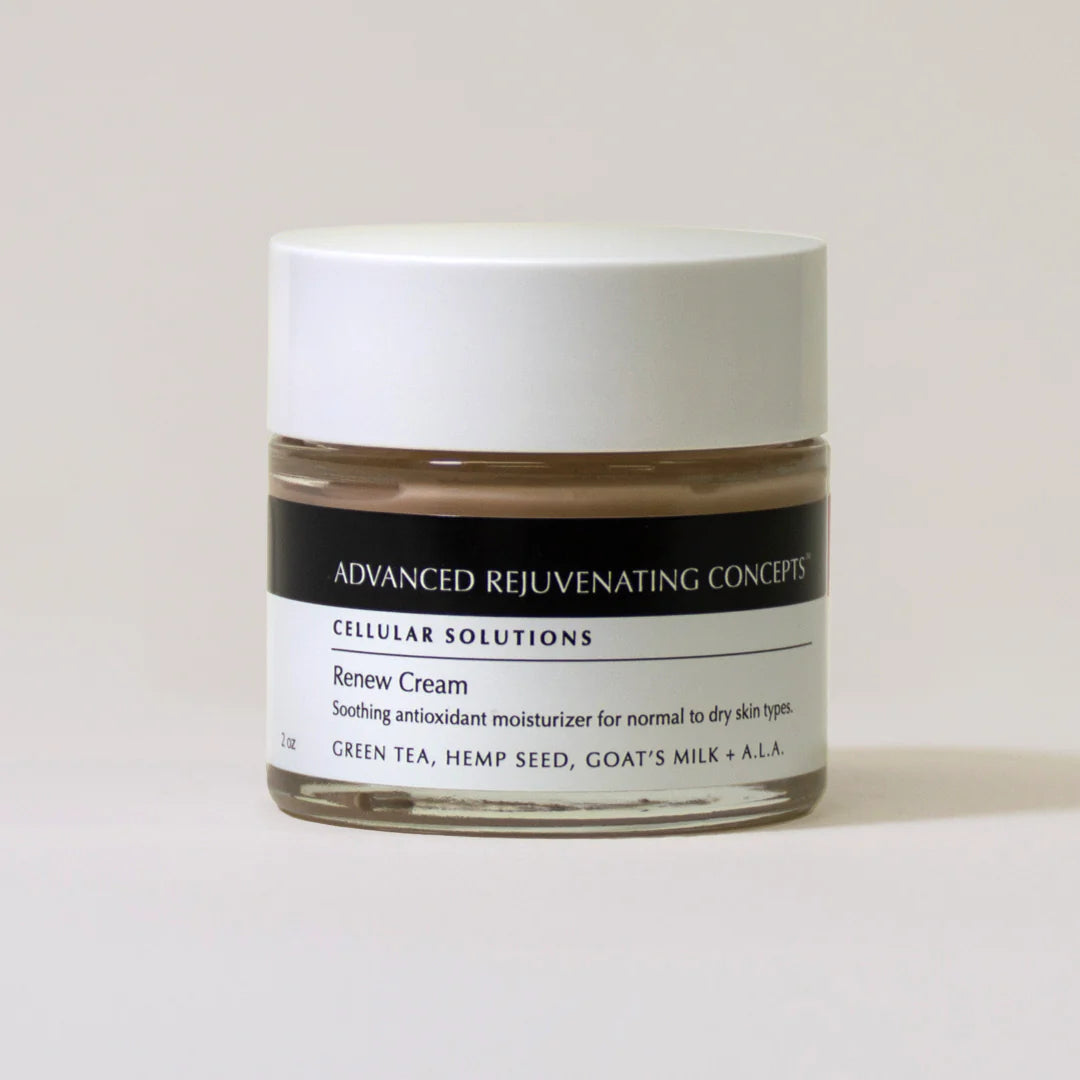 Renew Cream in a clear jar, a soothing antioxidant moisturizer for normal to dry skin types.