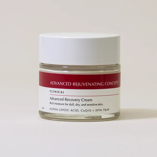 Advanced Recovery Cream in a clear jar with a red label, designed for dull, dry, and sensitive skin.