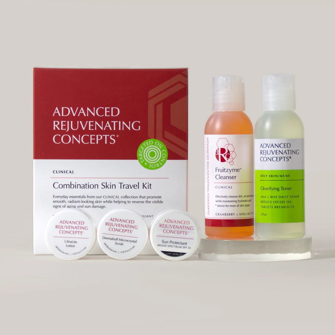 Combination Skin Travel Kit with cleanser, toner, and moisturizers for balanced skin care on the go.