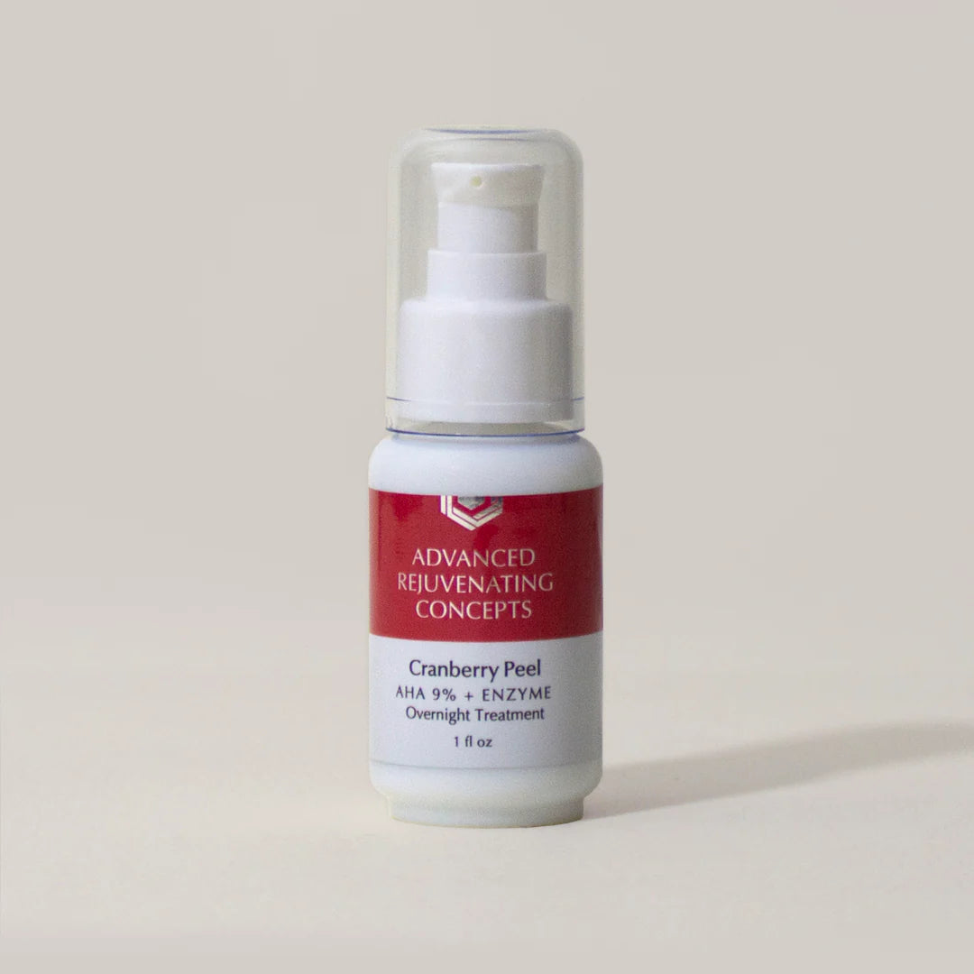 Cranberry Exfoliating Peel in a white bottle with a red label, designed for overnight skin treatment.