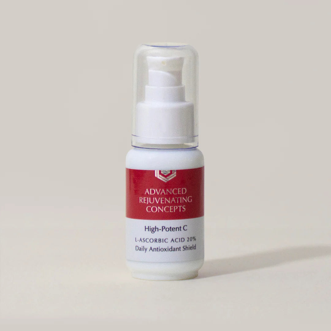 High-Potent C serum in a white bottle with a red label, featuring a pump dispenser for easy application.