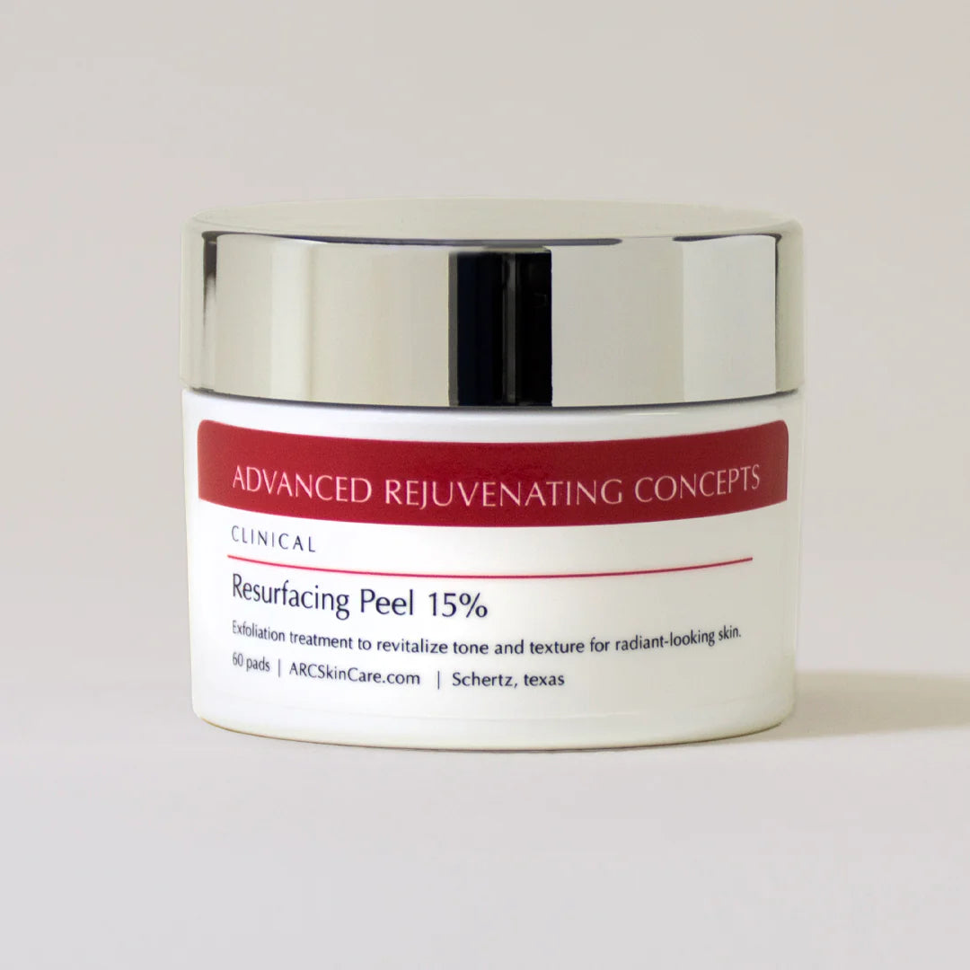 Resurfacing Peel 15% in a white jar with a silver lid for revitalizing skin tone and texture.
