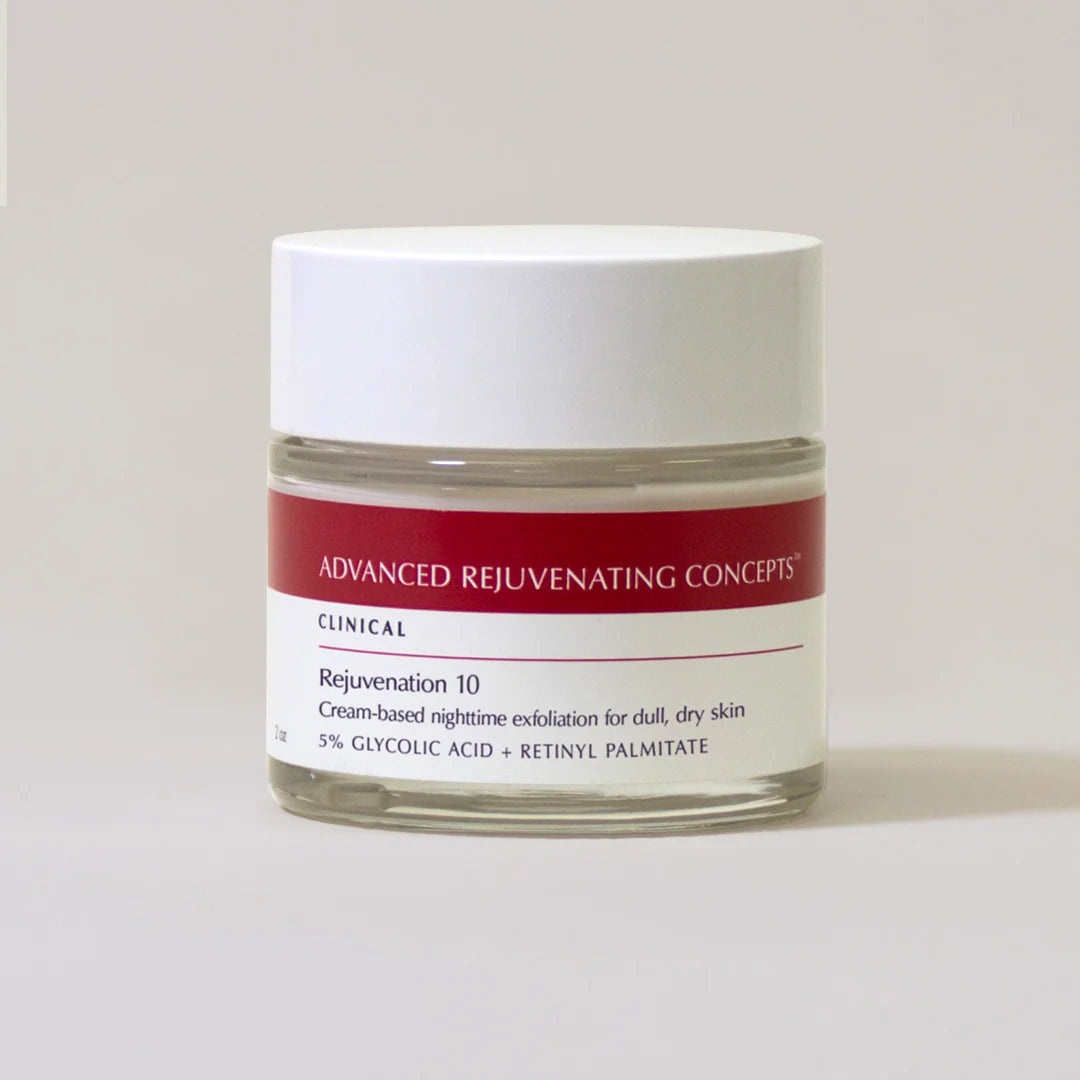 Rejuvenation 10 cream for nighttime exfoliation, designed for dull, dry skin with glycolic acid and retinyl palmitate.