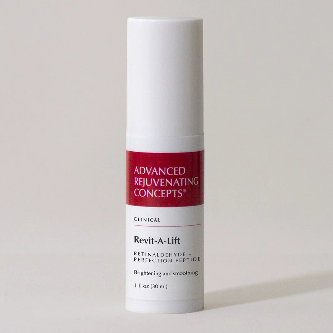 Revit-A-Lift, a clinical skincare product for brightening and smoothing, in a sleek white and red container.