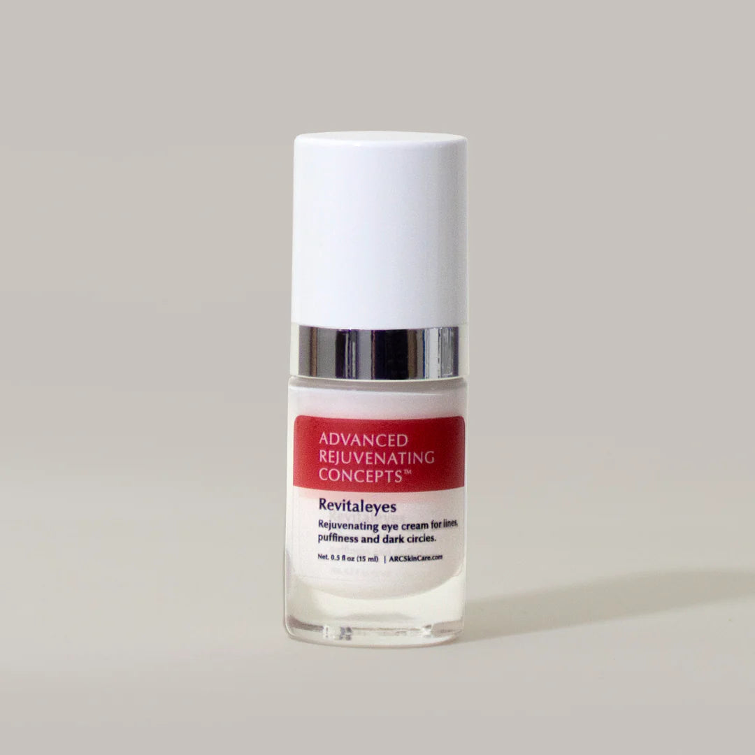 Revitaleyes rejuvenating eye cream for puffiness and dark circles in a sleek glass bottle with a white cap.