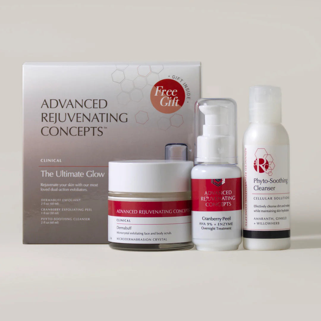 The Ultimate Glow skincare set with exfoliating scrub, cleanser, and serum in sleek packaging.