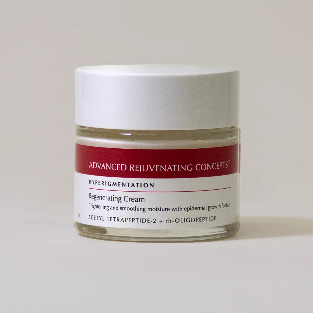 Regenerating Cream in a clear jar with a red label, designed for brightening and smoothing skin.