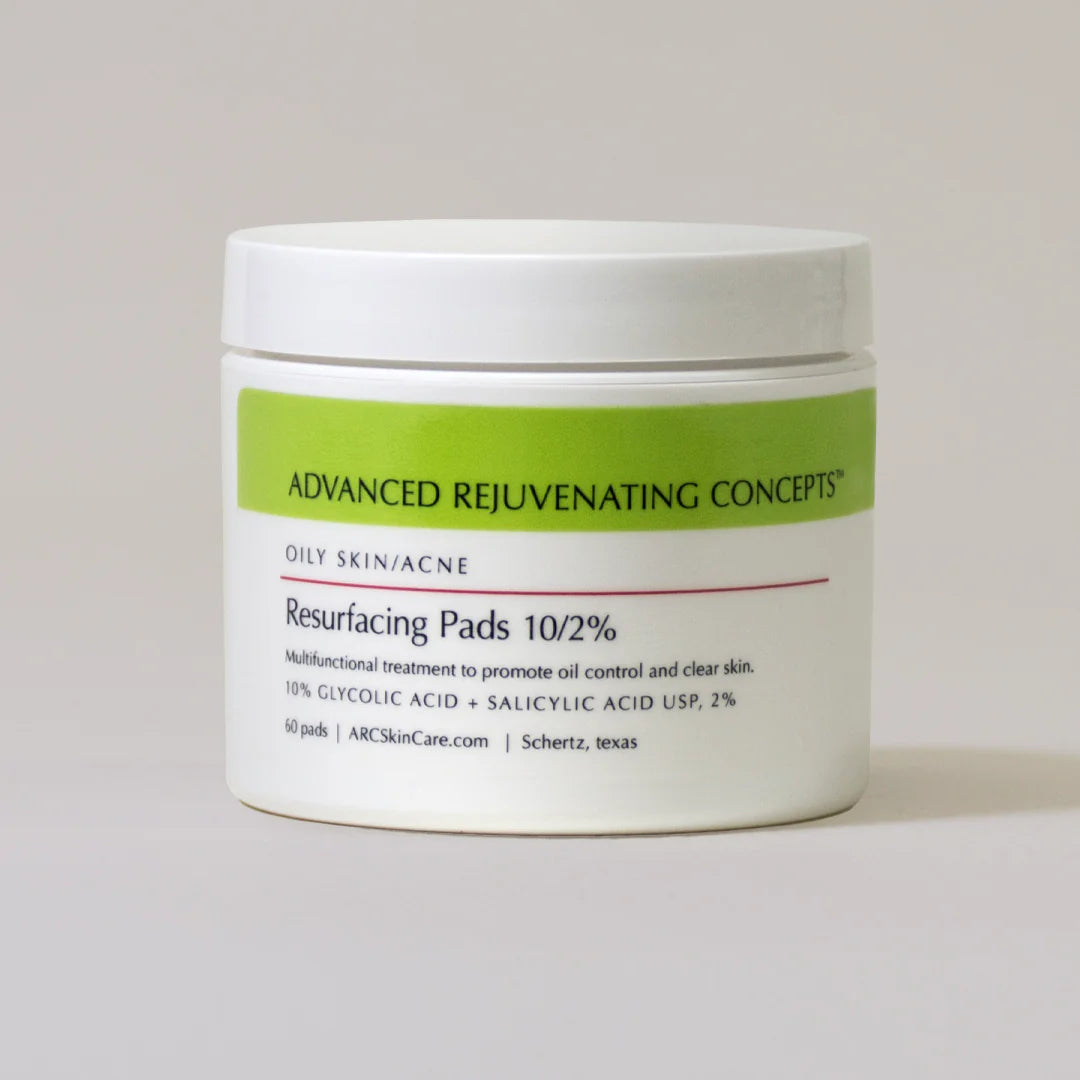 Resurfacing Peel 10/2% in a white jar, designed for oily skin and acne treatment with glycolic and salicylic acid.