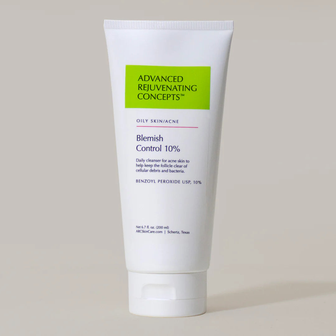 Blemish Control 10% BPO Wash in a white tube for oily skin, designed to clear cellular debris and bacteria.