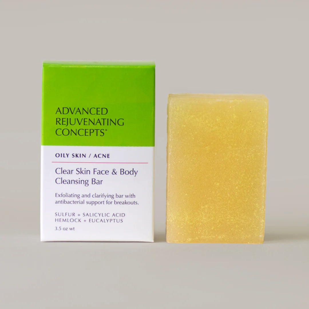 Clear Skin Face & Body Cleansing Bar, yellow bar with antibacterial support for oily skin and acne.