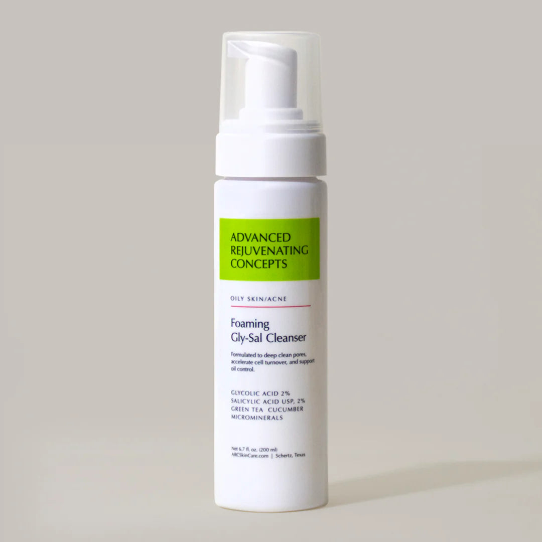 Foaming Gly/Sal Cleanser with glycolic and salicylic acids for oily skin, in a white pump bottle.