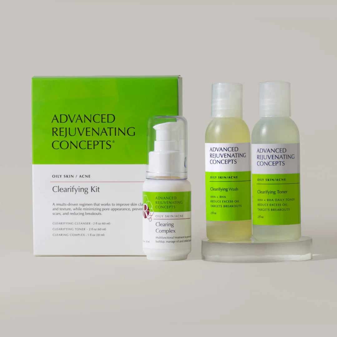 Clarifying Kit with cleansing wash, toner, and clearing complex for oily skin and acne treatment.
