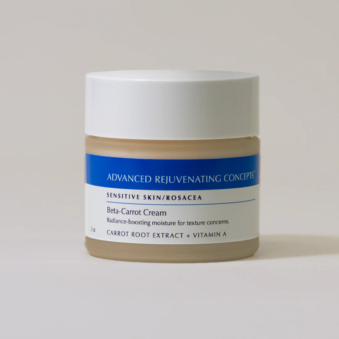 Beta-Carrot Cream for sensitive skin, boosts radiance and moisture, features carrot root extract and vitamin A.