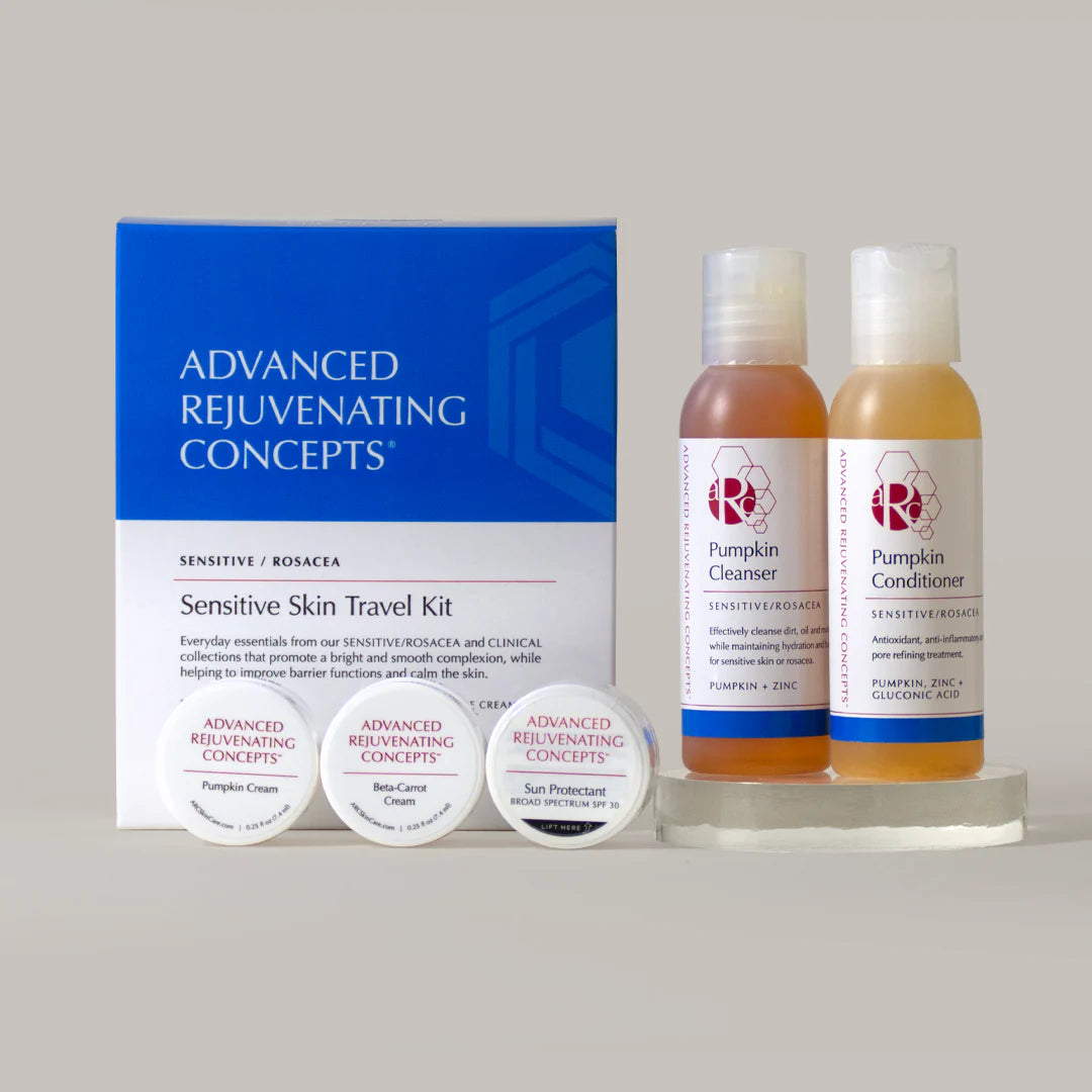 Sensitive Skin Travel Kit with cleanser, conditioner, and creams for rosacea and sensitive skin care.