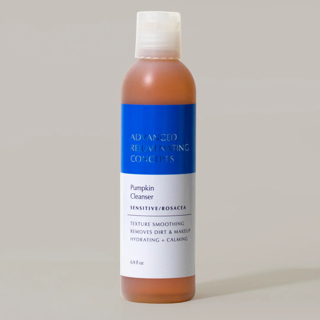 Pumpkin Cleanser in a clear bottle, designed for sensitive skin, hydrates and calms while removing dirt and makeup.