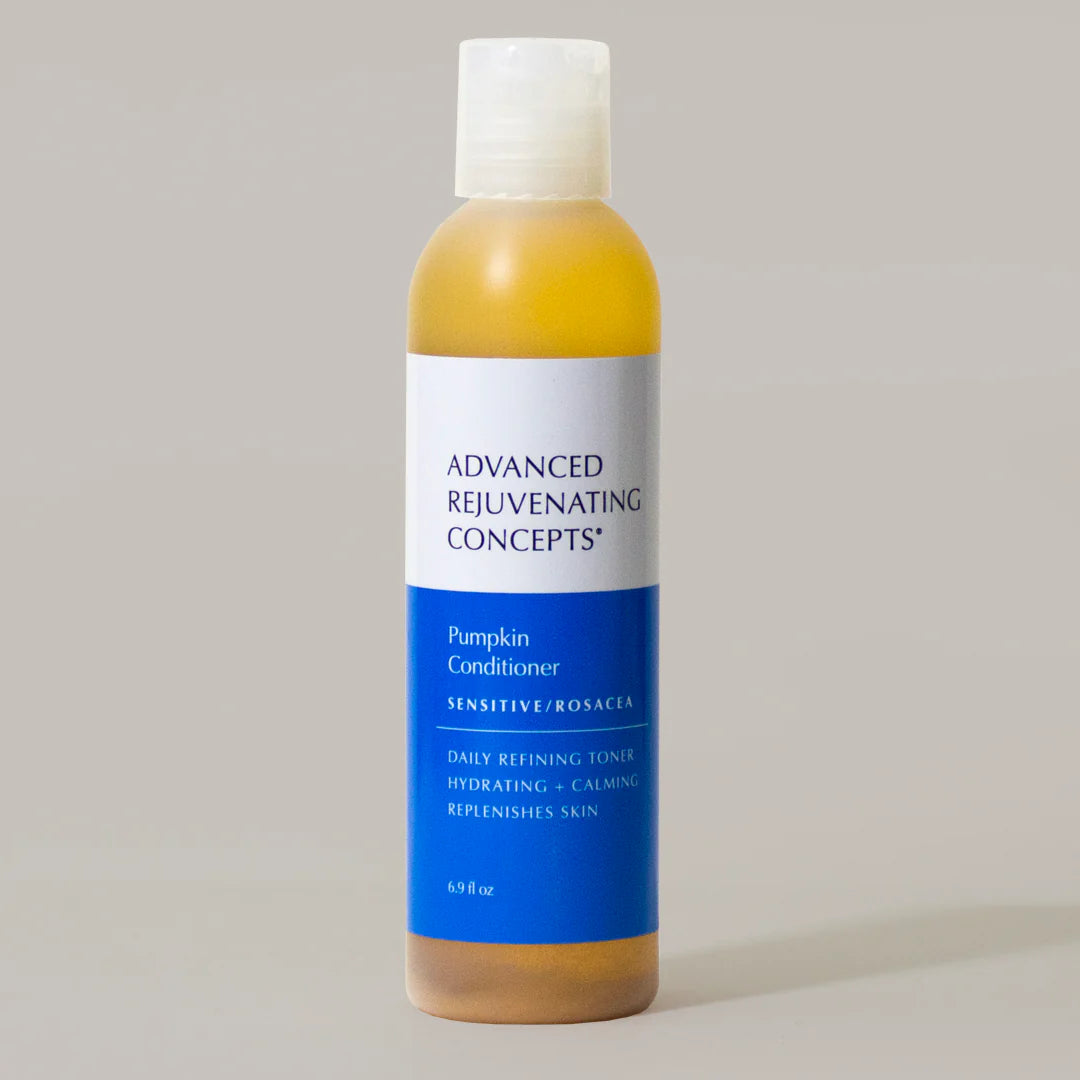 Pumpkin Conditioner in a clear bottle, designed for sensitive skin, hydrating and calming formula.